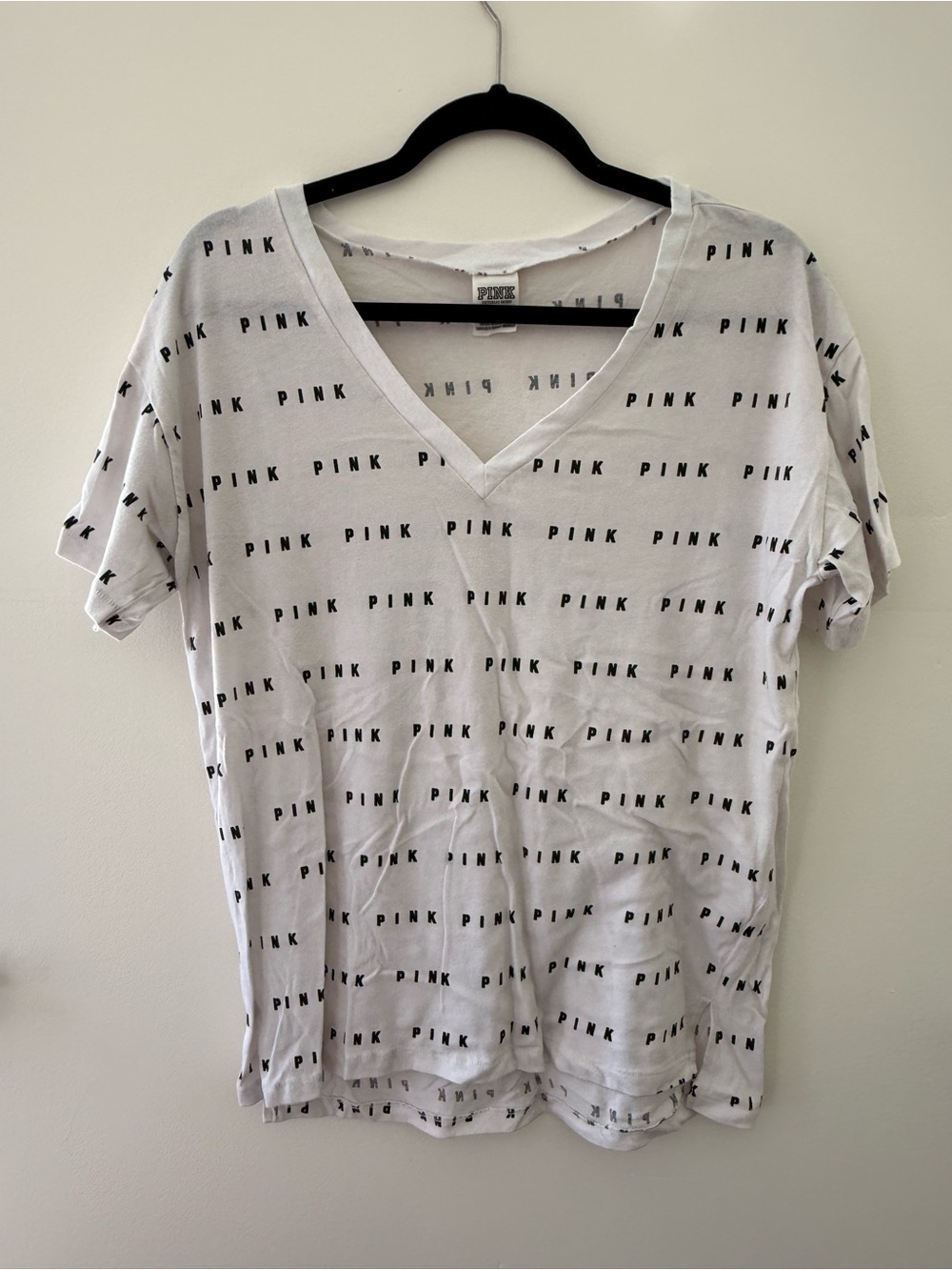 PINK Victoria's Secret White V-Neck Tee with Black Logo Print